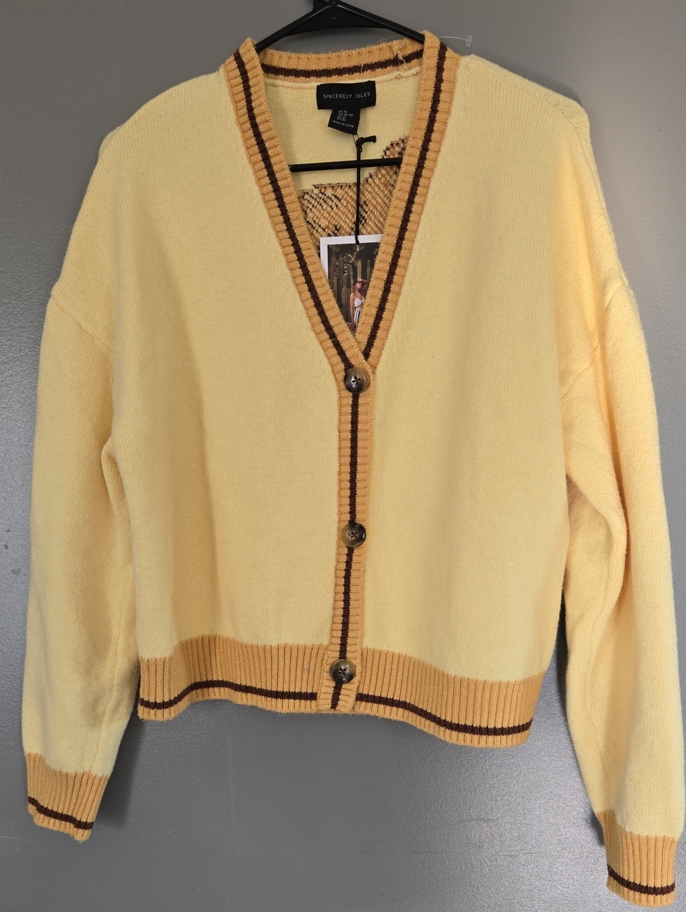 Sincerly Jules Pale Yellow V-Neck Button Front Cardigan with Tan & Brown Trim